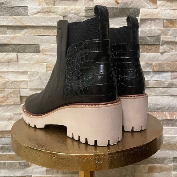 Dolce Vita 7.5 Black Leather Lug Sole Boots | Croc Detail, Chunky Heel - Picture 3 of 9